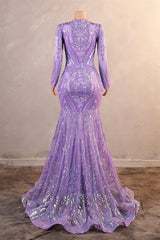 V-Neck Long Sleeve Zipper Sequins Mermaid Sweep Train Evening Dress