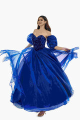 Sweetheart Royal Blue Bubble Sleeves Ball Gown Beaded Prom Dresses