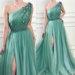 Gorgeous One Shoulder Green Tulle Prom Party Gowns with Beading Chic Front Slit Long Prom Party Gowns with Beading Sash