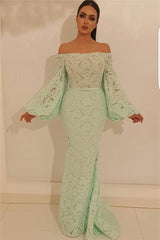 Elegant Mermaid Off-the-Shoulder Prom Party Gowns| Chic Lace Long Sleevess Prom Party Gowns