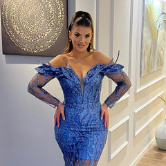 Classic V-Neck Long Sleeves Sheath Mermaid Lace Prom Dresses