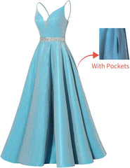 Spaghetti Straps Prom Dress Long Satin Beaded V-Neck Formal Evening Party Ball Gowns with Pockets