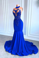 Royal Blue High Neck Sleeveless Mermaid Prom Dress with Beadings