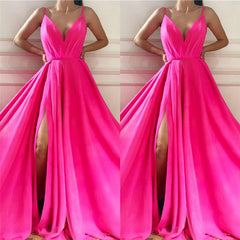 Chic Spaghetti Straps Sleeveless Long Prom Party Gowns| Affordable V-neck Front Slit Long Pink Prom Party Gowns