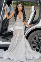 Straps V-neck Silver Beaded Mermaid Sparkle Prom Dresses