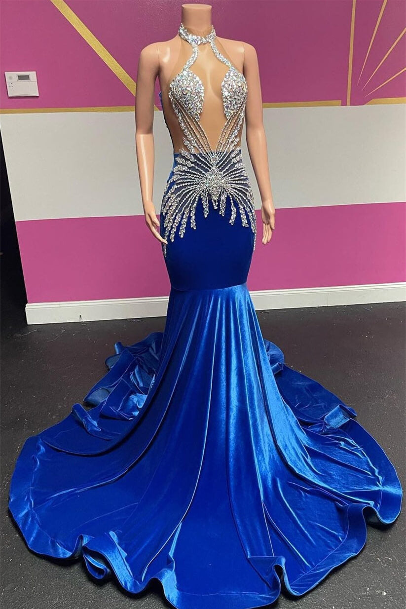 Royal Blue Halter Sleeveless Mermaid Prom Dresses With Beadings Velvet