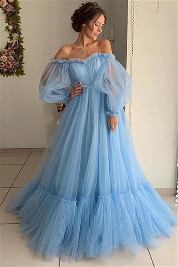 Gorgeous Off-The-Shoulder Long-Sleeves Sheer-Tulle A-Line Prom Party Gowns