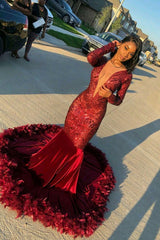 Burgundy Deep V-Neck Long Sleeve Mermaid Prom Dress With Sequins