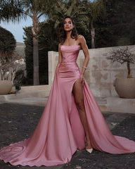 Dusty Pink Strapless Ruffles Mermaid Prom Dress Long With Slit