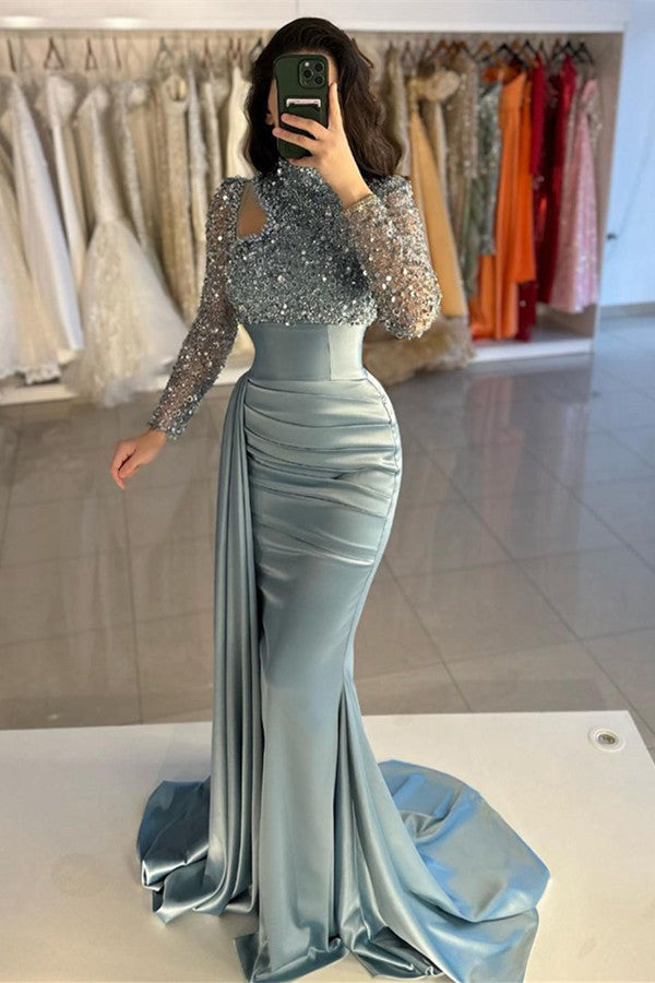 Dusty Blue Long Sleeves Prom Dress Mermaid With Sequins High Neck