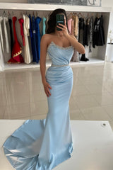 Sky Blue Strapless Mermaid Prom Dress With Beads