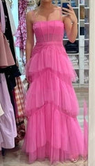 Fashion Hot Pink Layered Ruffles Evening Gown A Line Tulle Long Prom Dresses