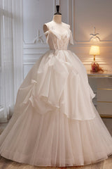 Elegant Ivory Spaghetti Straps Ball Gown with Bowknot A Line Tulle Long Prom Dresses