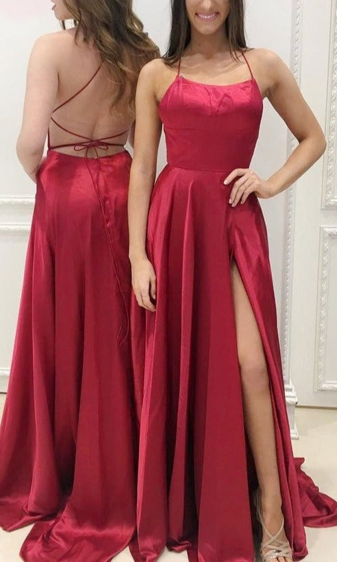 Casual Red Simple Spaghetti Straps Backless Sweep Train Backless Prom Dresses With Pockets