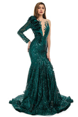 V-Neck One-Shoulder Mermaid Illusion Sequins Evening Dress