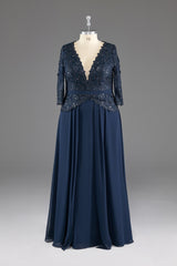 Navy V-Neck Long Sleeves Lace Appliques Chiffon Prom Dress