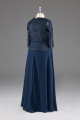 Navy V-Neck Long Sleeves Lace Appliques Chiffon Prom Dress