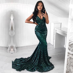 Blackish Green V-neck Off-the-shoulder Mermaid Prom Dress Sequins Long