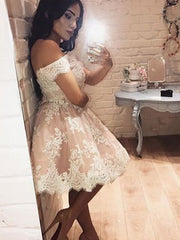 A-Line Appliques Pink Short Party Dress Mini Off-the-Shoulder Lace Homecoming Dress