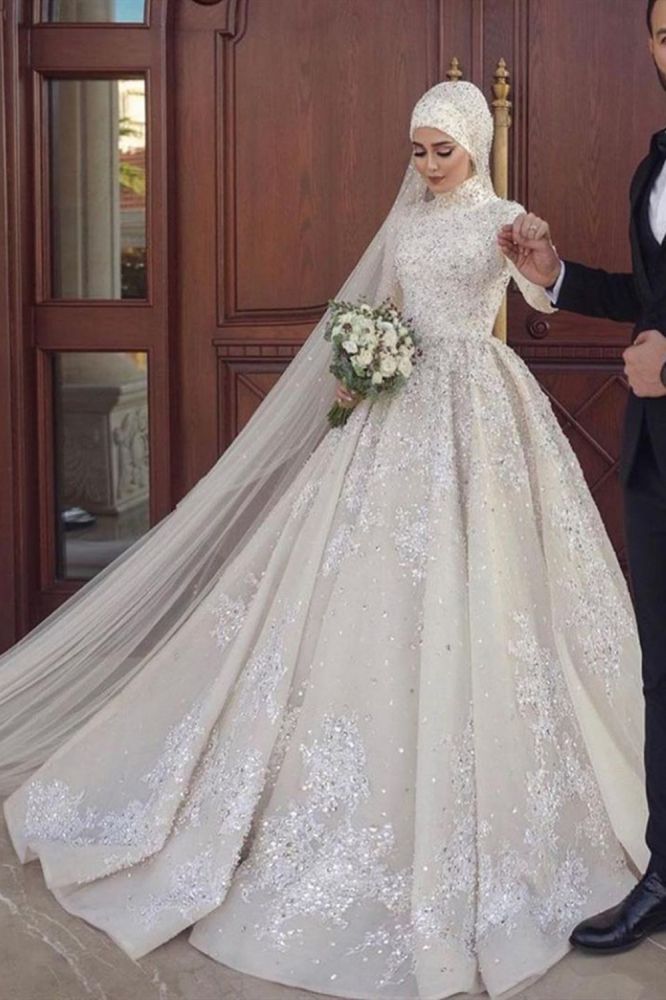 A line Ball Gown Sequins Long Sleeves Highneck Wedding Gown