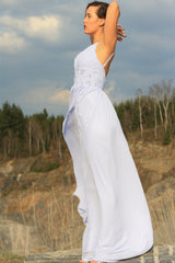 A-line Deep V-neck Floor Length Chiffon Beading Backless Wedding Dress