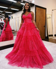 A-Line Deep V Neck Tiered Long Glitter Tulle Prom Dress