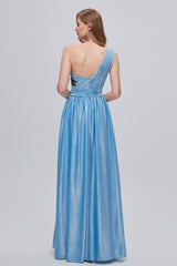 A-line Floor Length One shoulder Applique Sleeveless High Split Open Back Prom Dress