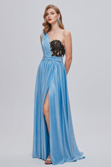 A-line Floor Length One shoulder Applique Sleeveless High Split Open Back Prom Dress