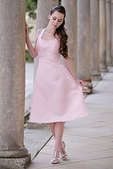 A-line Halter Round Collar Tea Length Chiffon Sleeveless Bridesmaid Dress