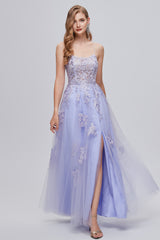 A-line High Split Spaghetti strap Applique Ankle Length Sleeveless Lace Prom Dresses