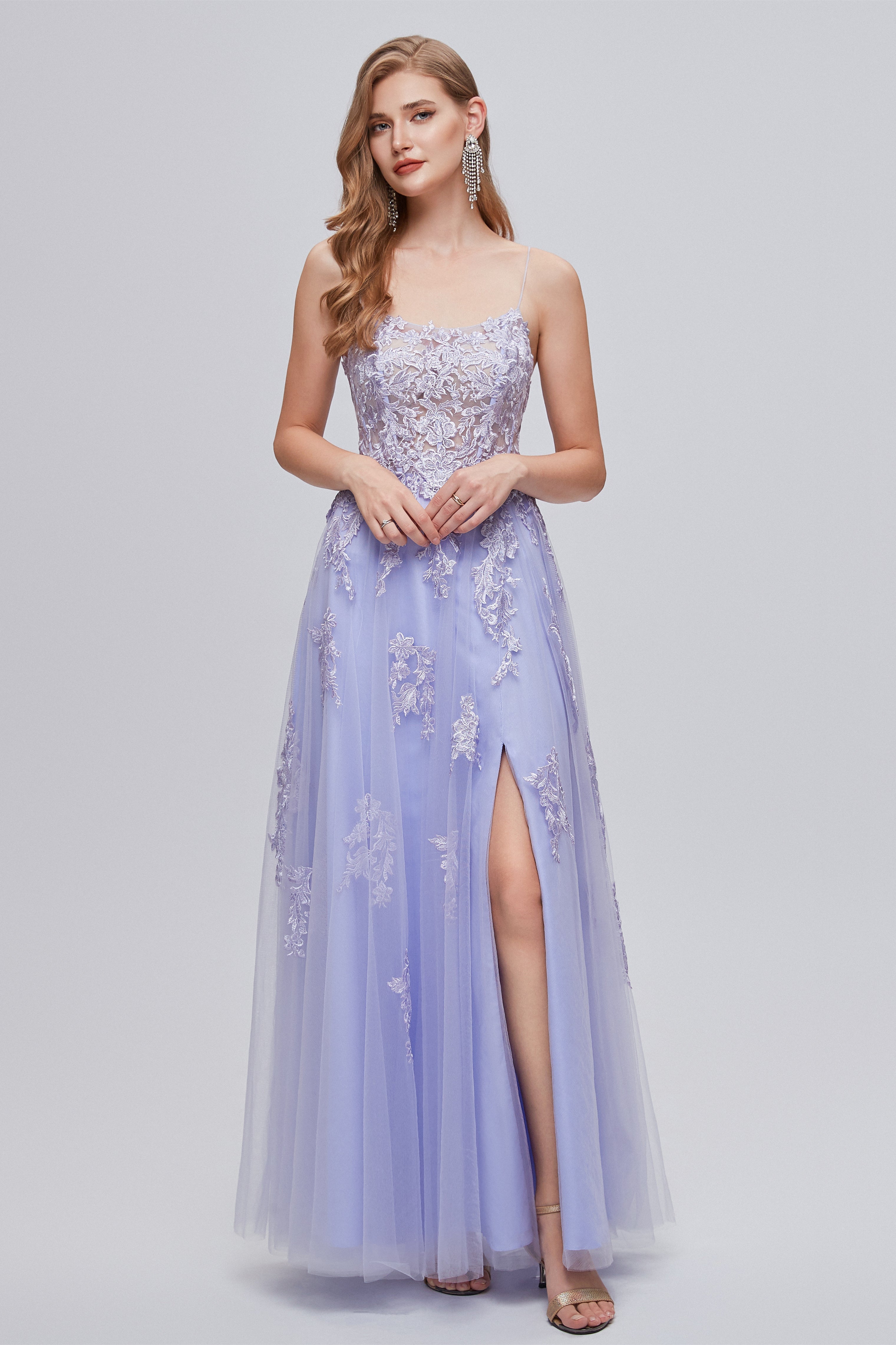 A-line High Split Spaghetti strap Applique Ankle Length Sleeveless Lace Prom Dresses