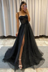 A-line High Split Spaghetti strap Sweetheart Sequined Sleeveless Lace Applique Prom Dress