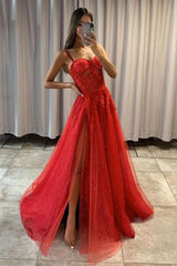 A-line High Split Spaghetti strap Sweetheart Sequined Sleeveless Lace Applique Prom Dress