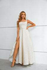 A-line High Split Square Lace Ankle Length Sleeveless Backless Prom Dress