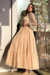 A-line Jewel Ankle Length Multiple Layers Long Sleeve Sequined Prom Dress