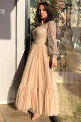 A-line Jewel Ankle Length Multiple Layers Long Sleeve Sequined Prom Dress