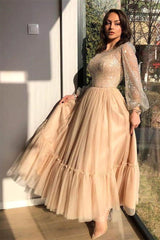 A-line Jewel Ankle Length Multiple Layers Long Sleeve Sequined Prom Dress