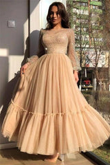 A-line Jewel Ankle Length Multiple Layers Long Sleeve Sequined Prom Dress