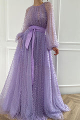 A-line Jewel Beaded Tulle Floor-length Long Sleeve Classy Prom Dress