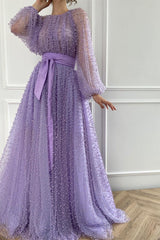 A-line Jewel Beaded Tulle Floor-length Long Sleeve Classy Prom Dress