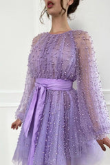 A-line Jewel Beaded Tulle Tea-length Long Sleeve Classy Homecoming Dress