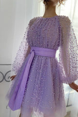 A-line Jewel Beaded Tulle Tea-length Long Sleeve Classy Homecoming Dress