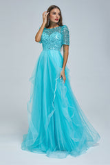 A-line Jewel half sleeves Floor-length Backless Beaded Tulle Beautiful Prom Dress