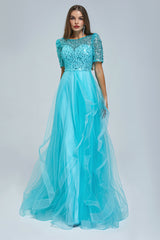 A-line Jewel half sleeves Floor-length Backless Beaded Tulle Beautiful Prom Dress