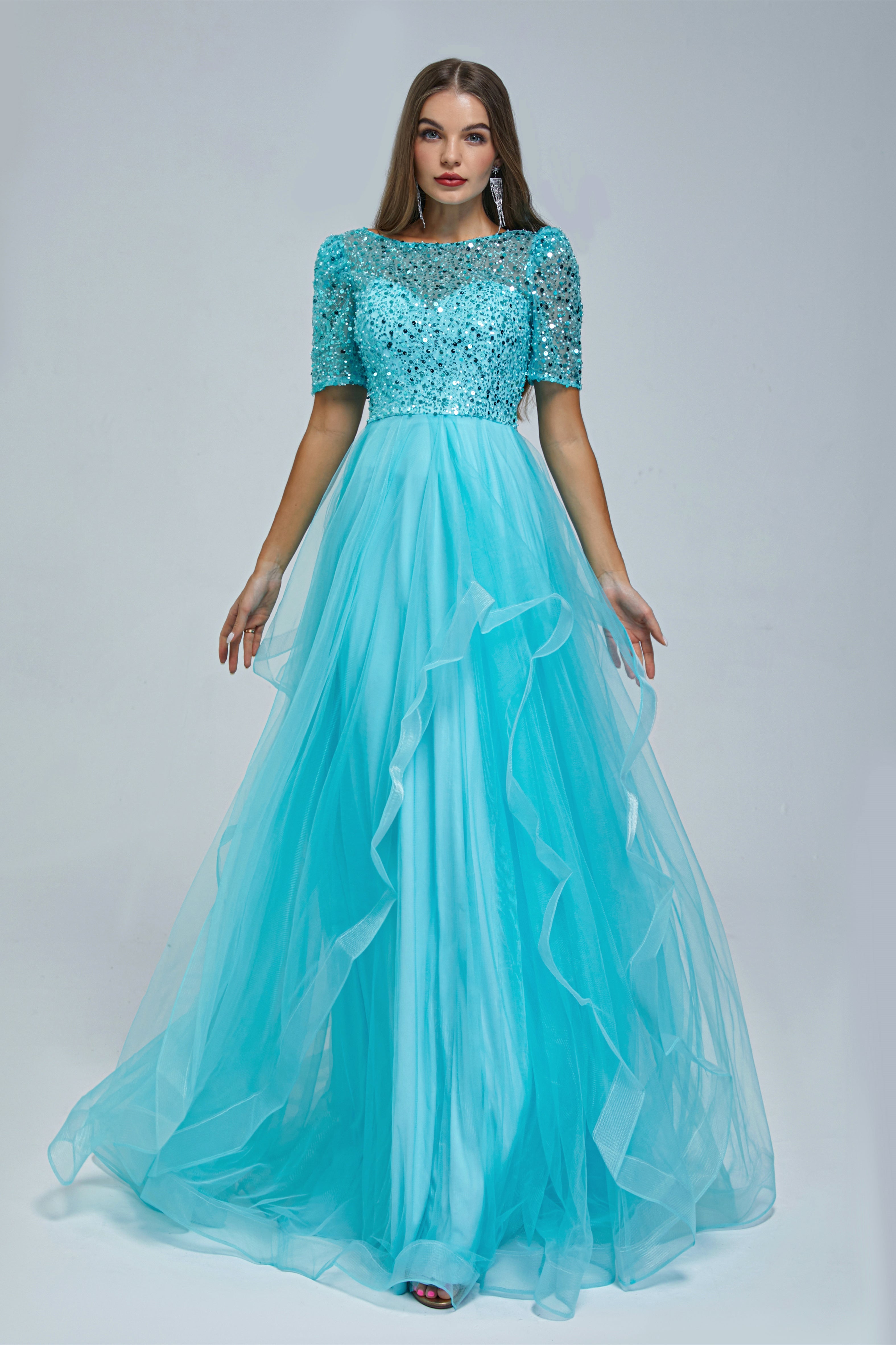 A-line Jewel half sleeves Floor-length Backless Beaded Tulle Beautiful Prom Dress