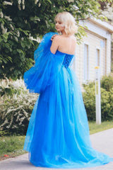 A line Long Sleeves Satin Tulle Prom Dress with Slit