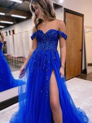 A Line Off the Shoulder Lace Tulle Prom Dress With Slit