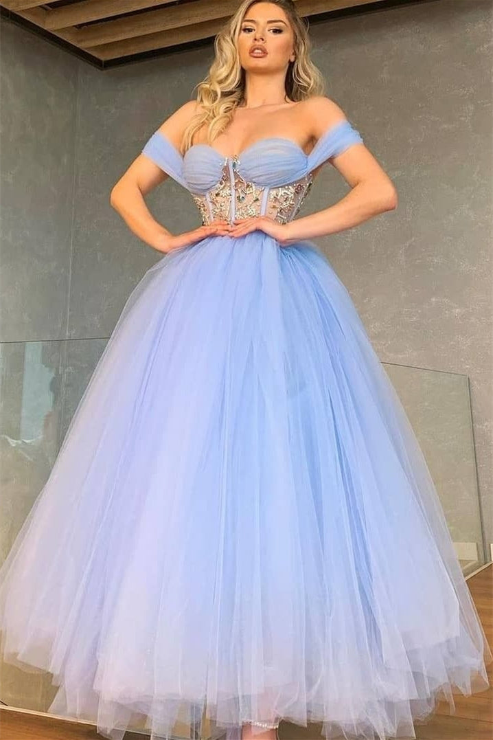 A-line Off-the-shoulder Sweetheart Lace Ankle Length Prom Dress