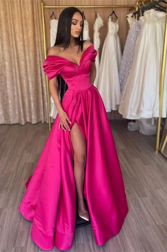 A-line Off-the-shoulder V-neck High Split Floor-length Sleeveless Prom Dress