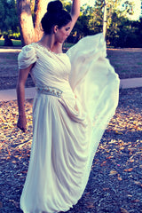 A-line One-shoulder Floor Length Chiffon Beaded Short Sleeve Prom Dress